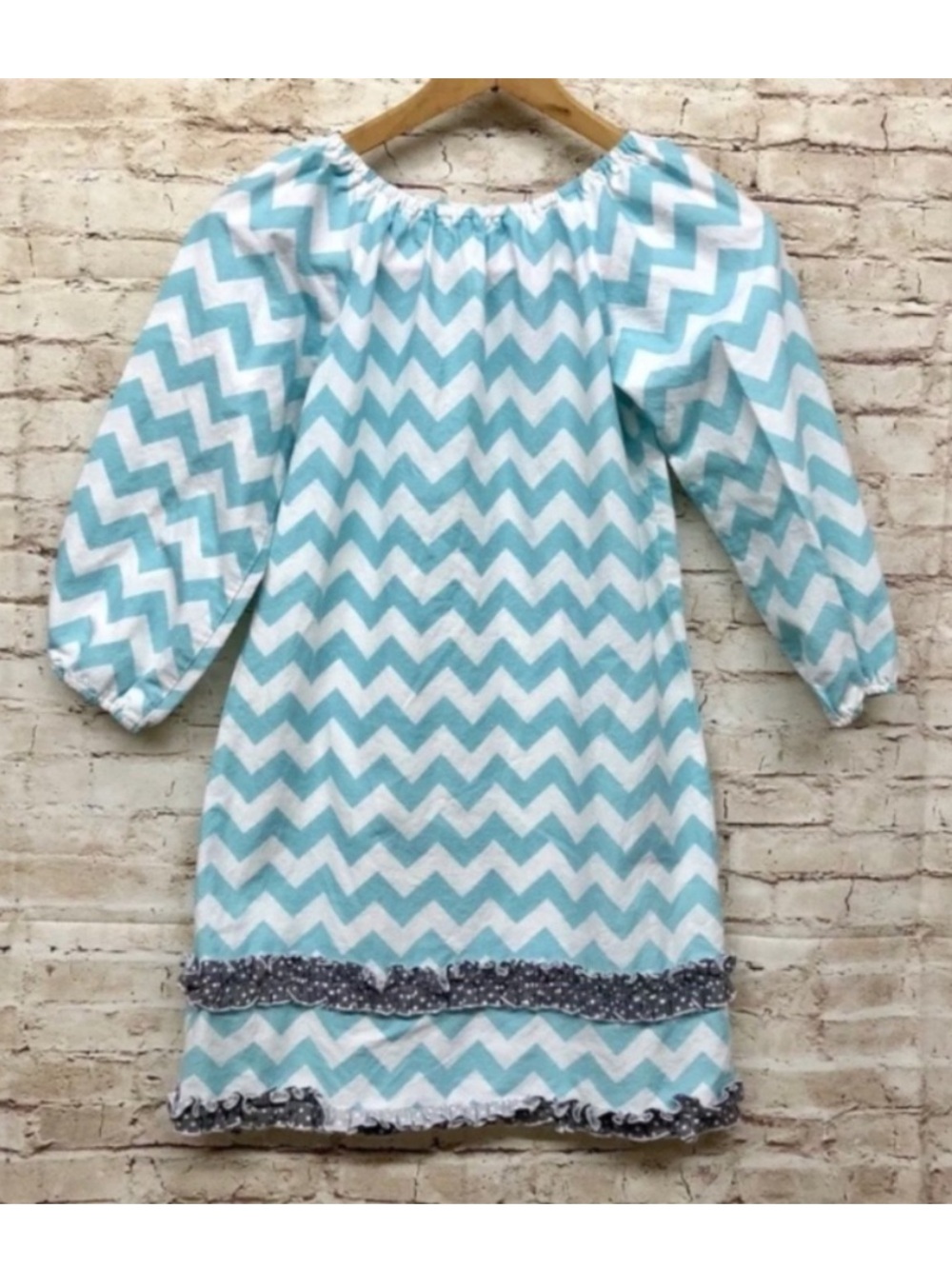 Lolly Wolly Doodle Girl Dress Size 10 3/4 Sleeve Chevron Polka Dot Ruffles Blue